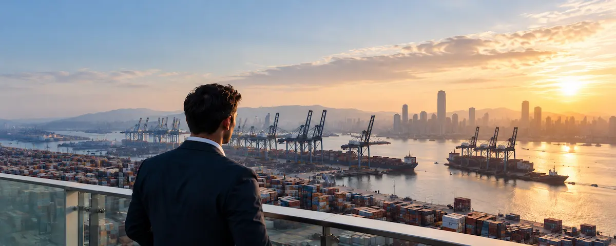 A businessman looking out over a container port and its cranes at sunset