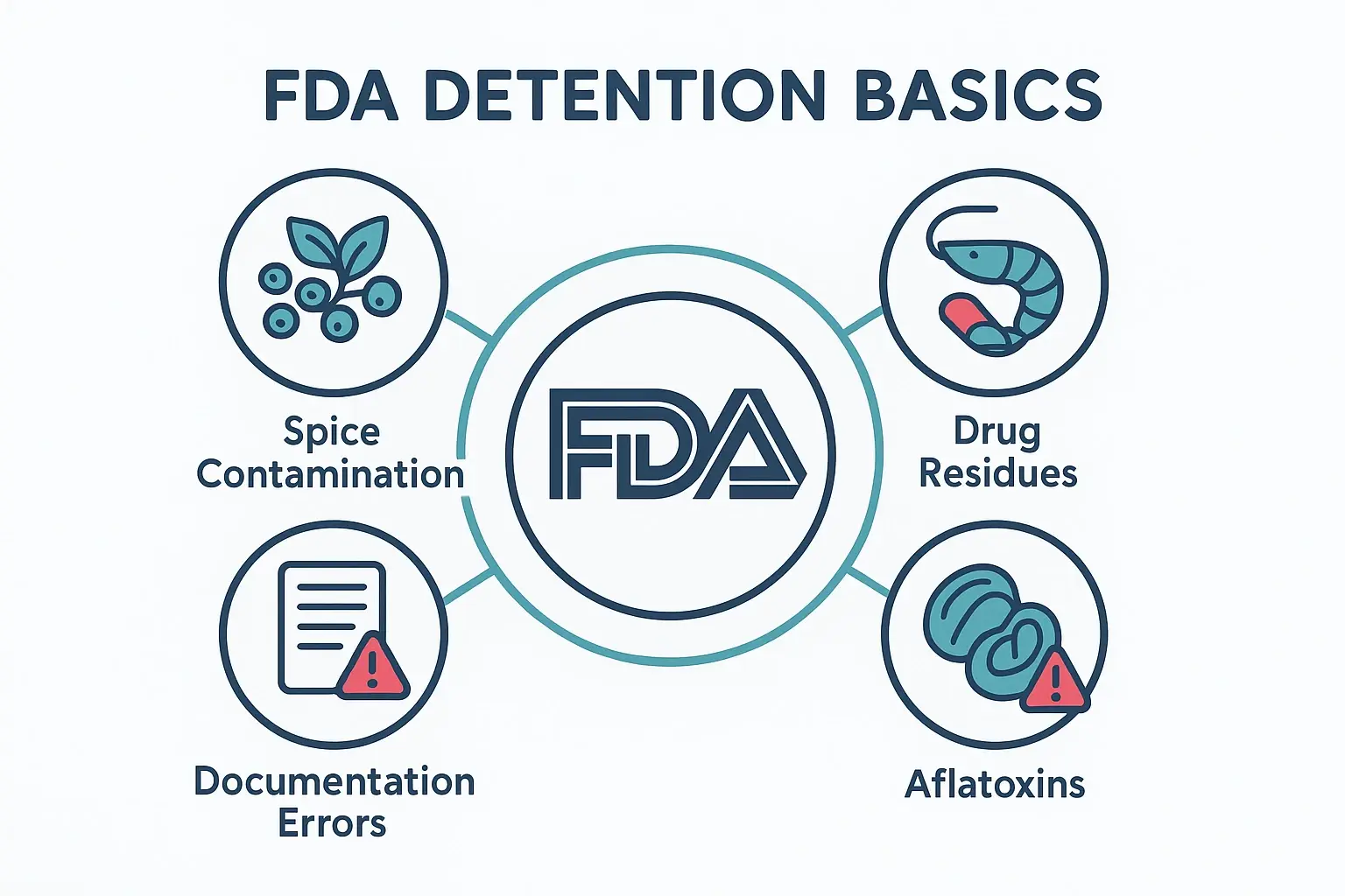 A visual summary of common FDA detention reasons, showing categories like Microbiological Contamination (Salmonella, E. coli), Filth & Foreign Matter (insects, mold), Unapproved Additives, Pesticide Residues, and Labeling Errors, with icons for each.