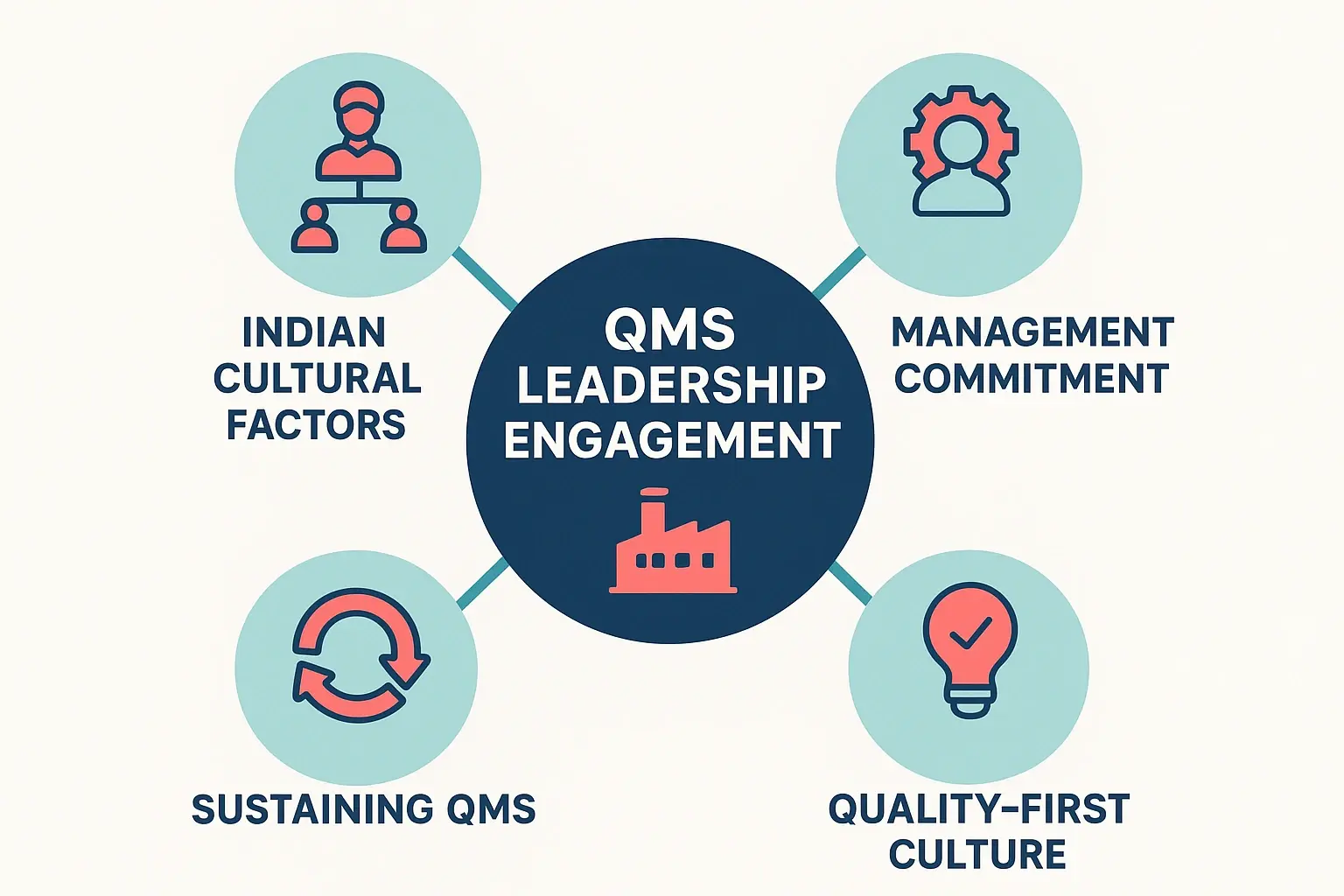This image illustrates the core components of leadership engagement and cultural buy-in required for sustainable QMS in Indian manufacturing, highlighting cultural factors and management roles.