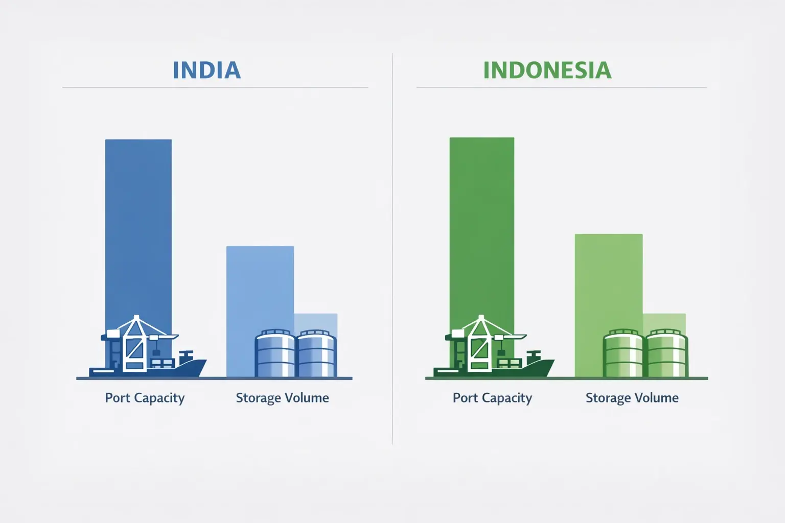 Comparative infographic illustrating the relative port handling capacities and dedicated chemical storage volumes in India and Indonesia, illuminating infrastructure readiness disparities.