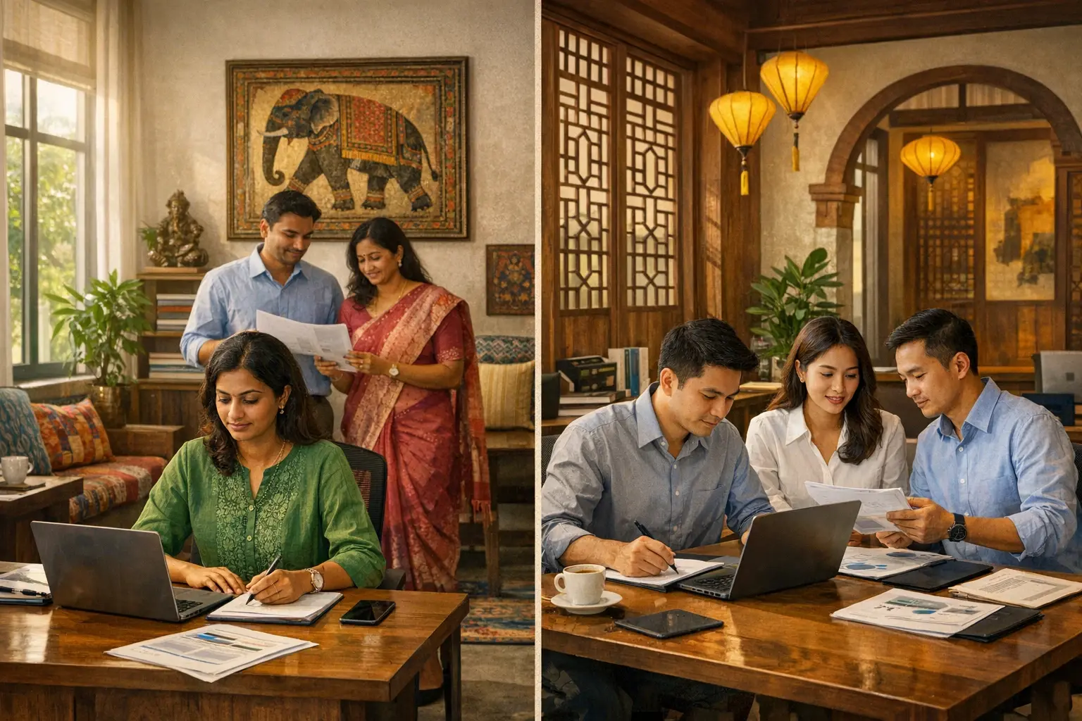 Contrasting procurement workspaces showing India (left) and Vietnam (right) cultural contexts to ground understanding of business environments for Western buyers.