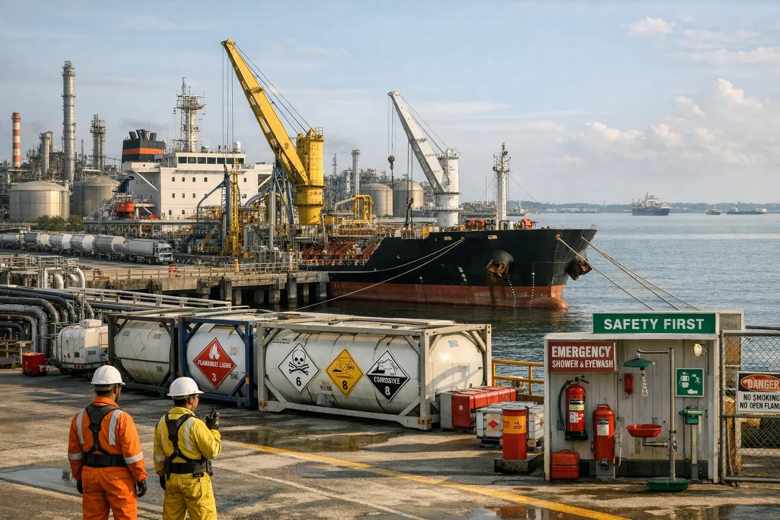 A real-world bulk hazardous chemical port facility showcasing specialized infrastructure and safety features essential for logistics in India and Indonesia.