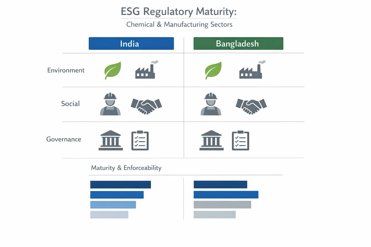 Comparing ESG maturity and enforceability: India vs. Bangladesh chemical and manufacturing sectors.