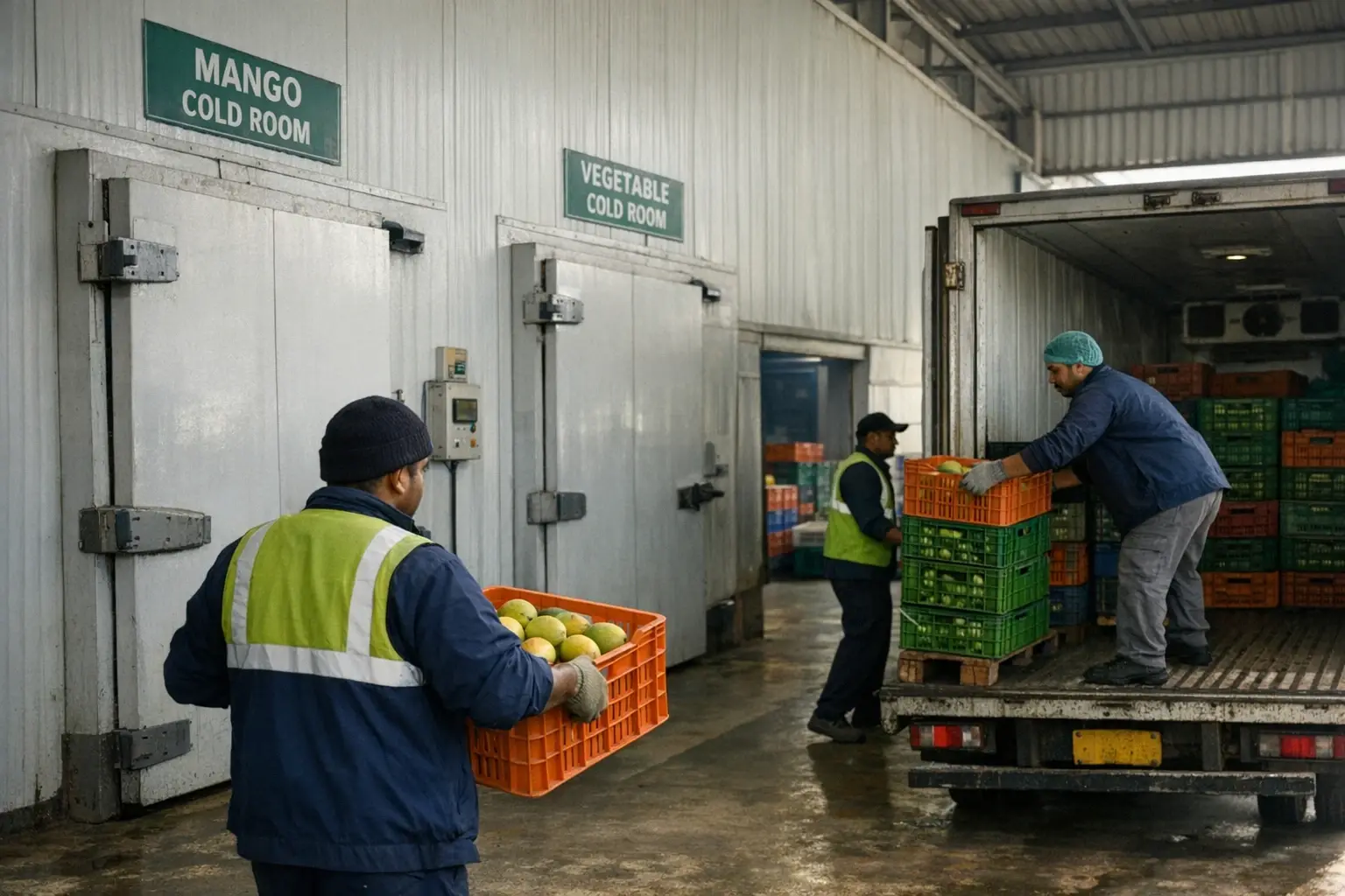 Cold chain infrastructure at an Indian export facility ensuring temperature-controlled storage for perishable foods.