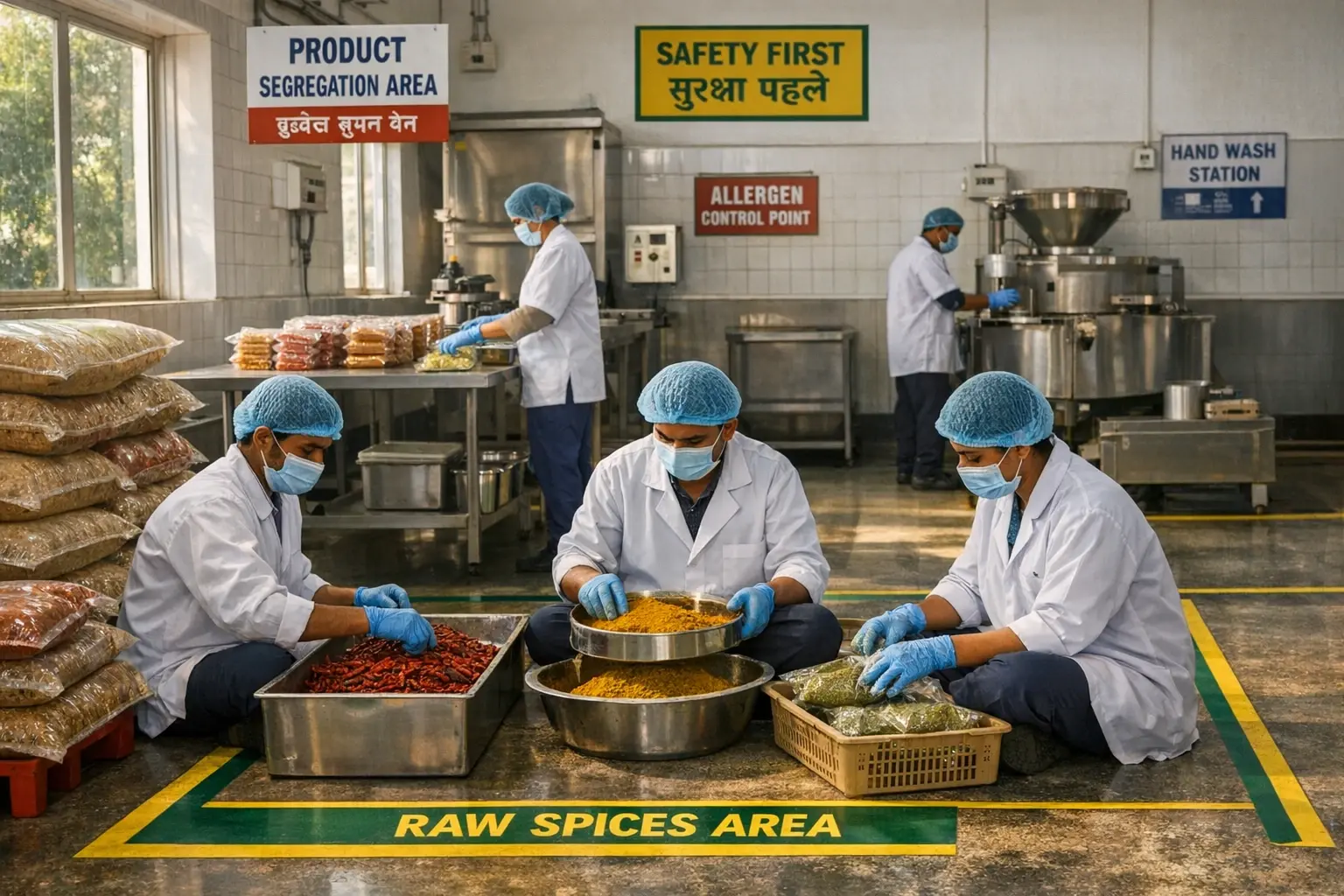 Operational scene showing allergen segregation and cross-contamination prevention in an Indian food processing export plant under GMP guidelines.