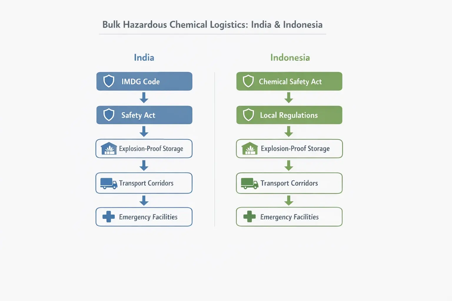 Diagram illustrating how differing regulations influence infrastructure needs and investment priorities for bulk hazardous chemical logistics in India and Indonesia, enhancing understanding of policy impact.