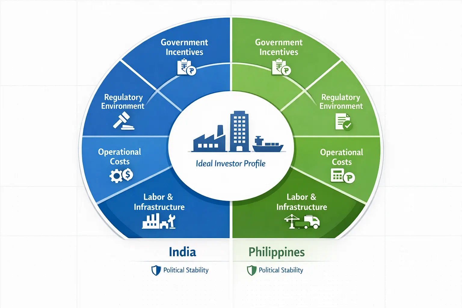 A strategic framework guiding foreign manufacturers through critical factors to consider between India and the Philippines.