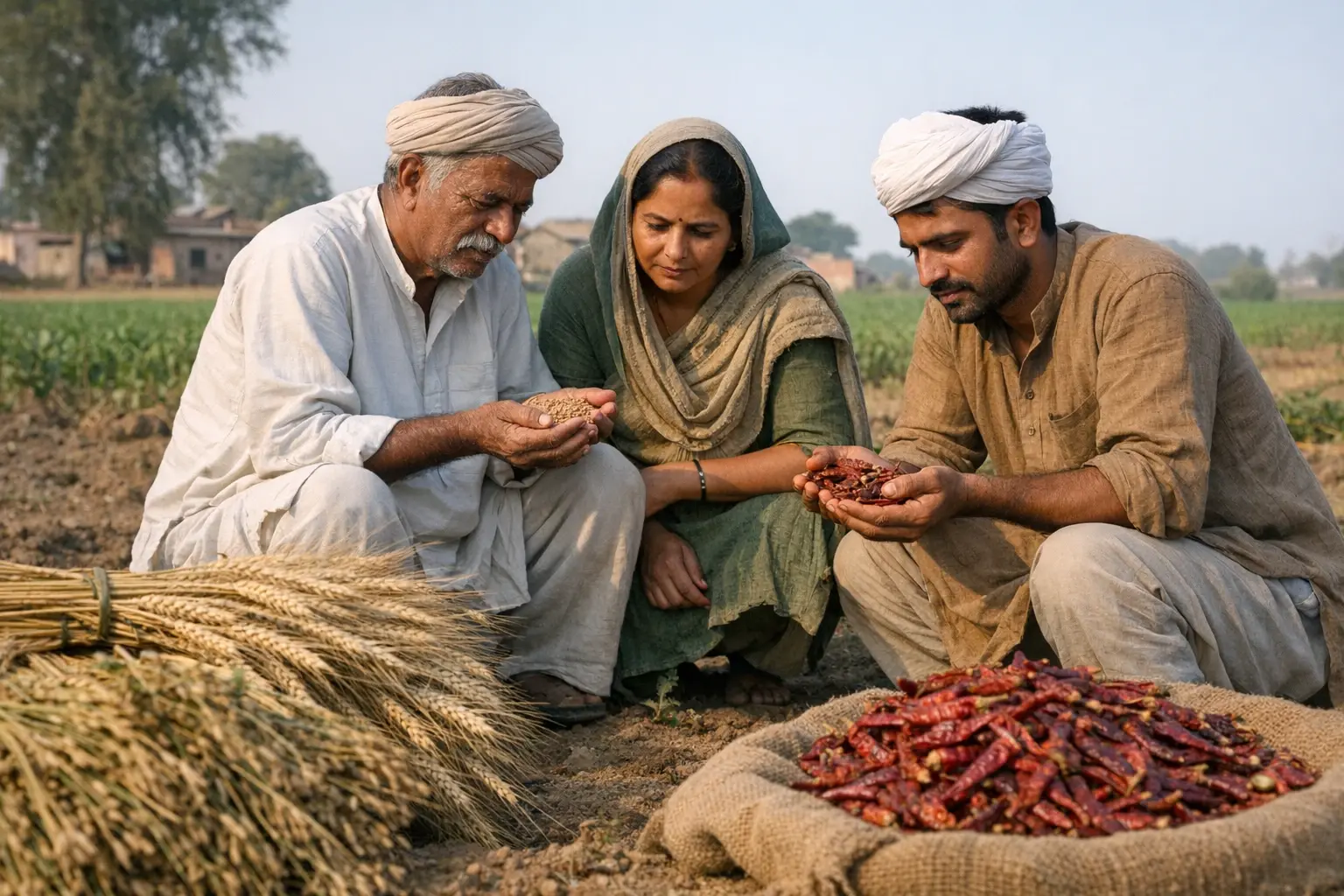 Indian farmers inspecting freshly harvested crops, highlighting the frontline importance of pesticide residue management for food safety and export quality.