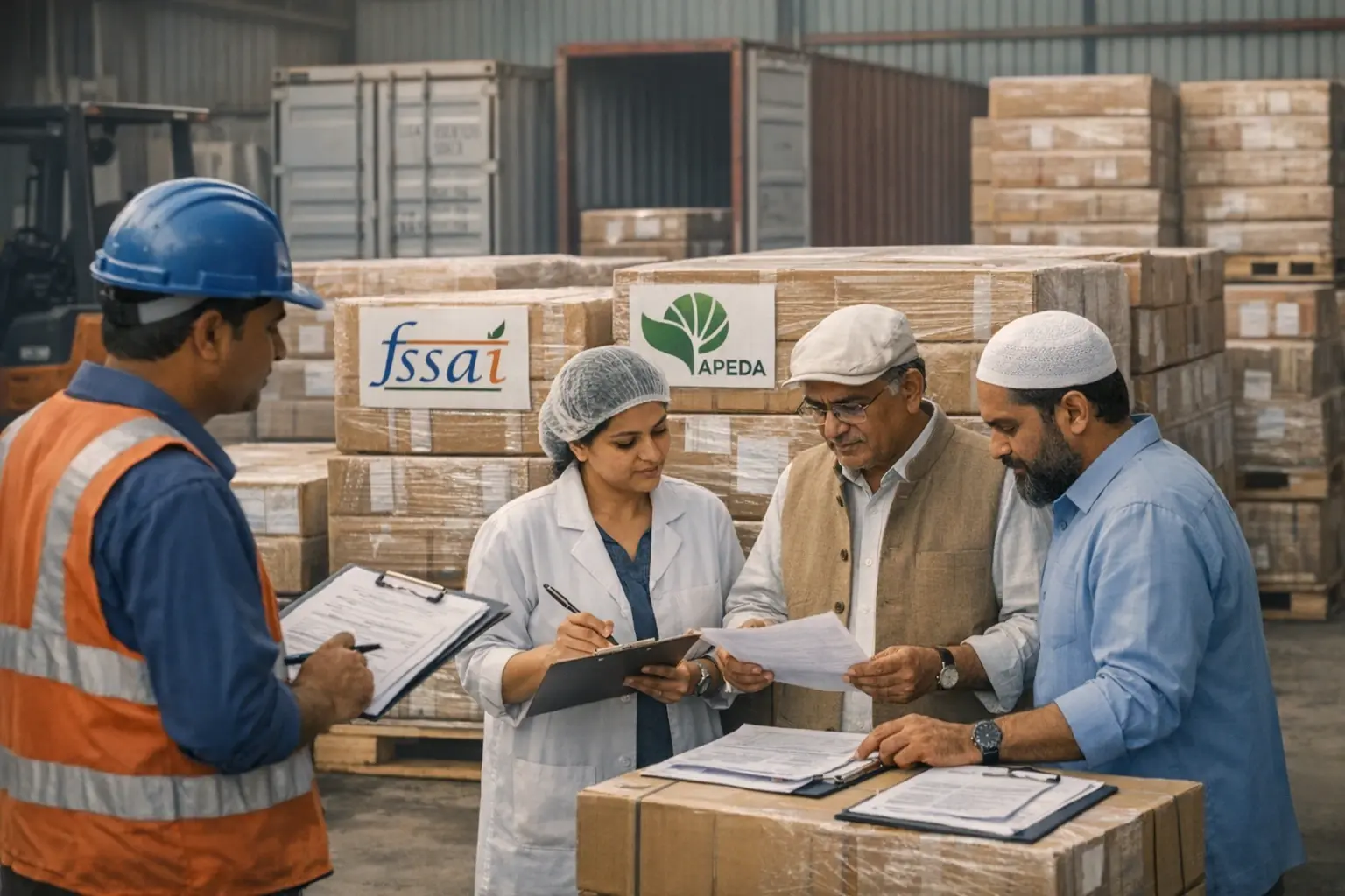 A real-world scene showing the collaboration required to ensure FSSAI compliance during the export of Indian food products.