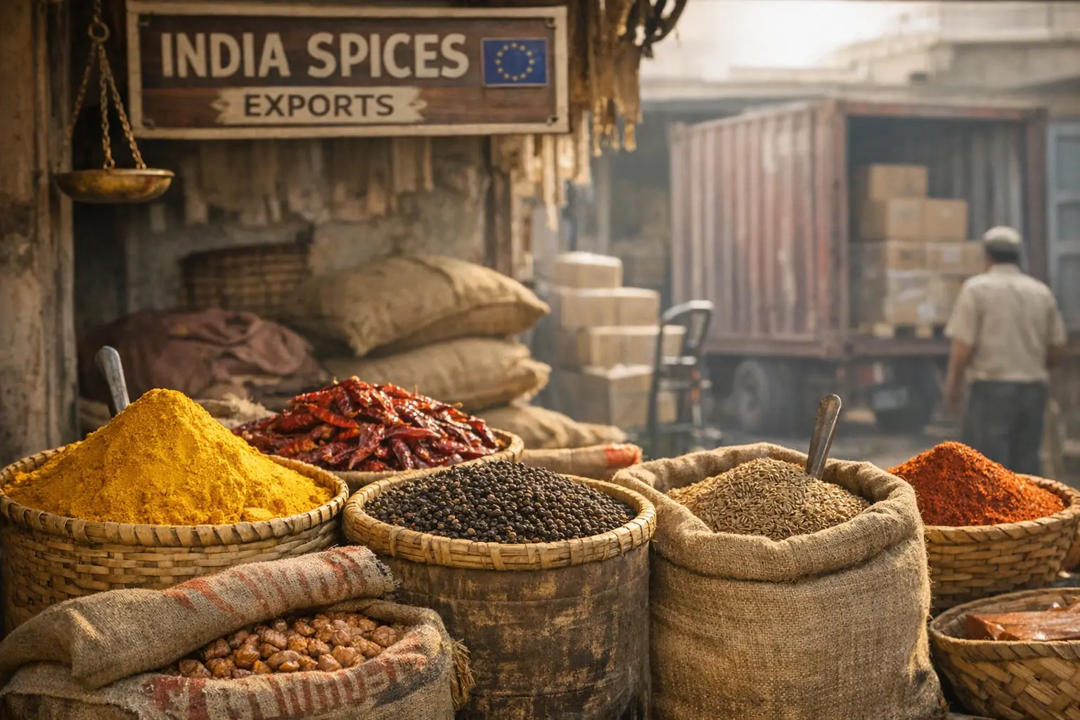 Authentic Indian spice market illustrating the origin of high-demand organic spices destined for the EU market.