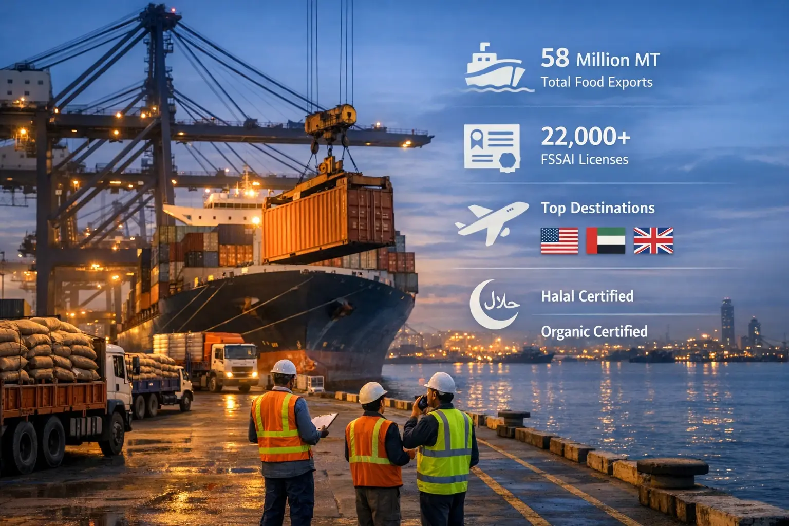Illustrating the scale and success of Indian food exports enhanced by robust FSSAI certification compliance and multiple export certifications.