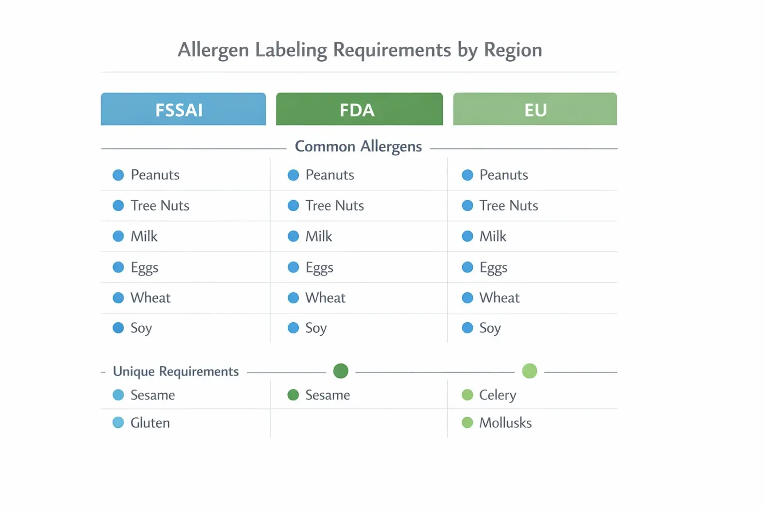 Comparative visual guide to key allergen labeling regulations for Indian food exporters navigating multiple international markets.