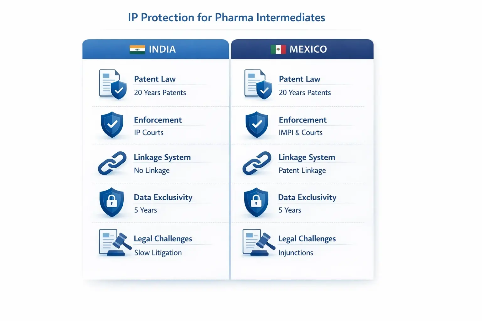 Comparative overview of critical IP protection aspects impacting pharmaceutical intermediates sourcing in India and Mexico.