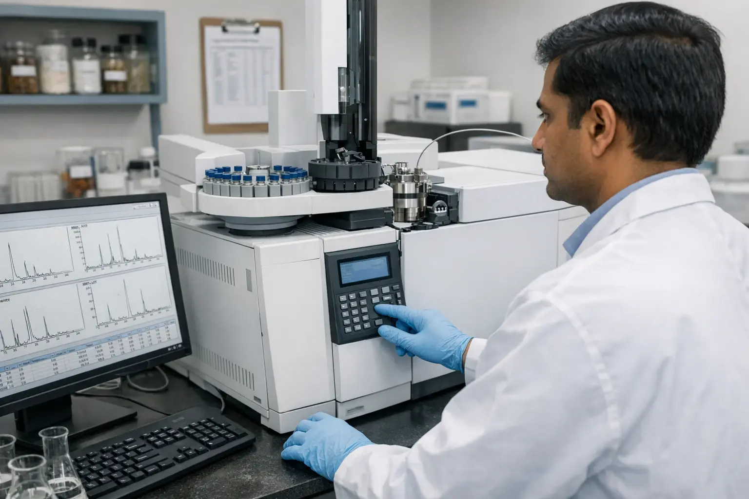 An Indian food testing lab worker uses advanced GC-MS/MS technology for precise pesticide residue analysis, essential for MRL compliance.
