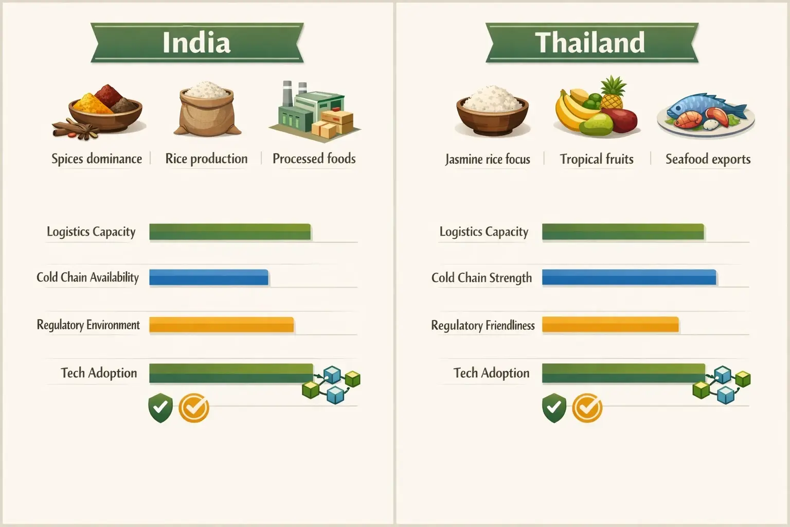 A direct visual comparison of India and Thailand’s agro-commodity supply chain advantages highlighting crucial factors for diversification.