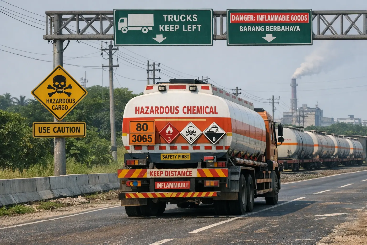 Operational scene demonstrating the real-world hazardous goods transport infrastructure, highlighting road and rail connectivity crucial for chemical logistics in India and Indonesia.