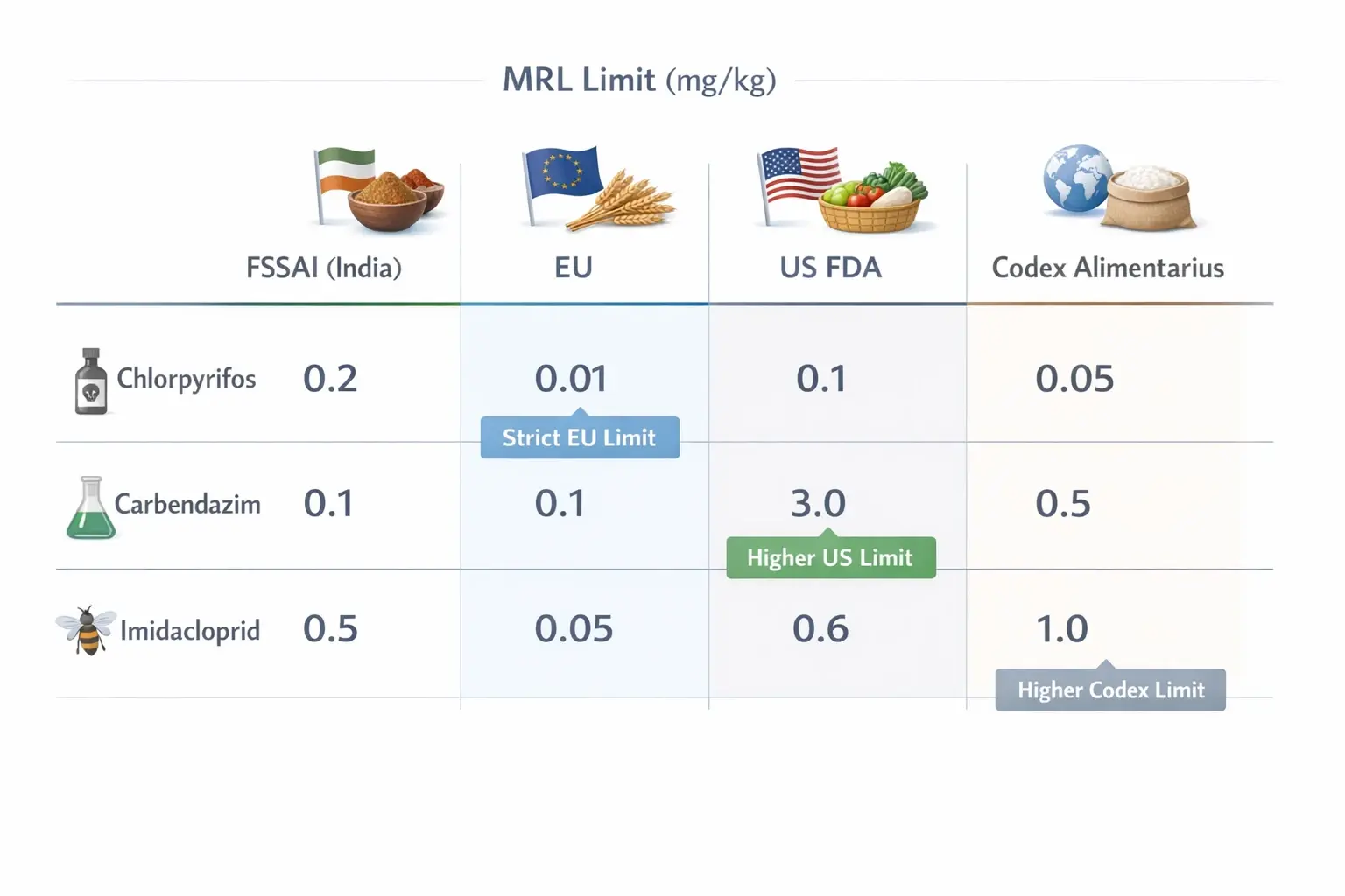 Visual comparison of pesticide Maximum Residue Limits (MRLs) from Indian and major international regulatory bodies for key pesticides on export crops.