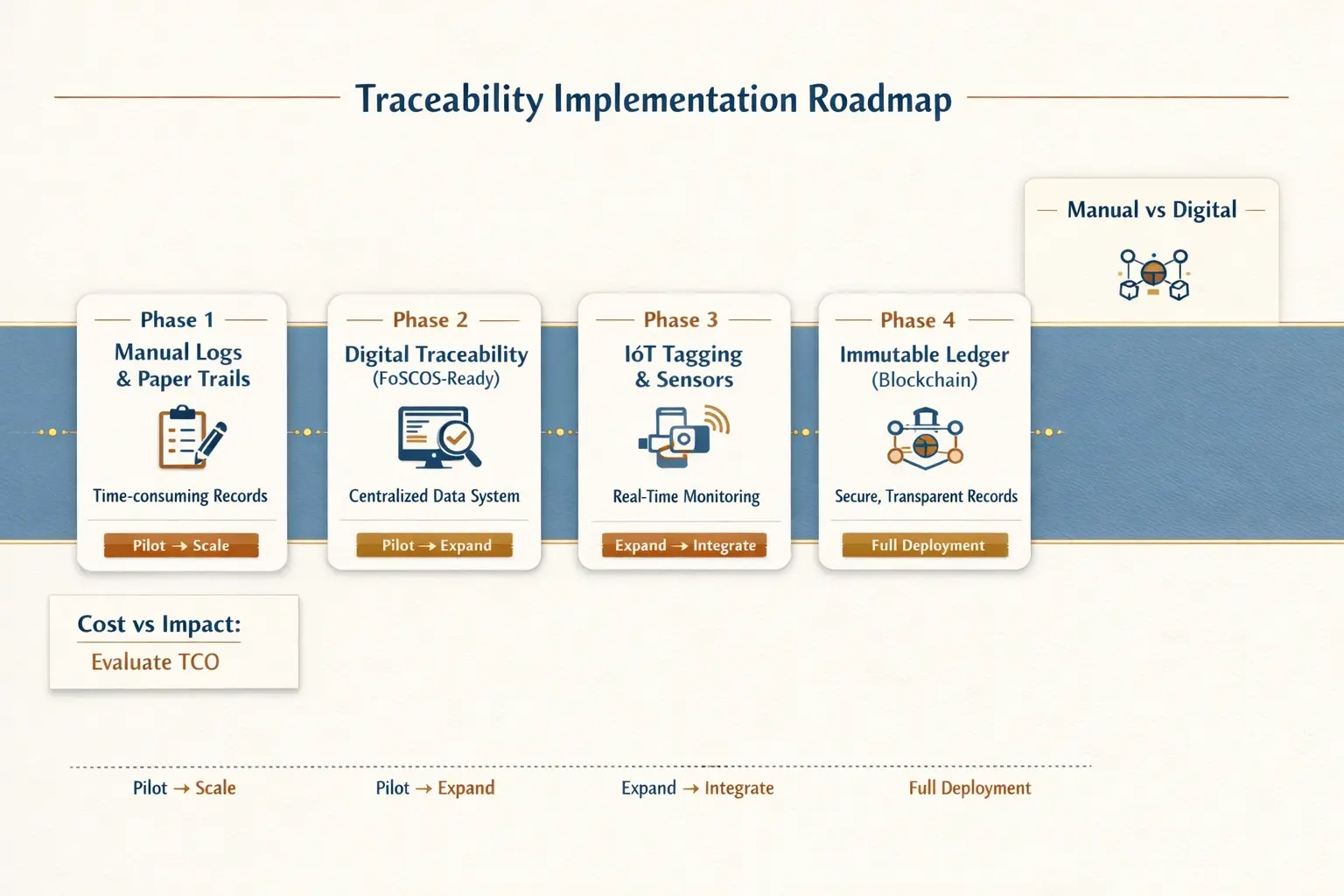 A pragmatic roadmap that helps exporters evaluate traceability upgrades—balancing cost, readiness, and compliance impact for each phase.