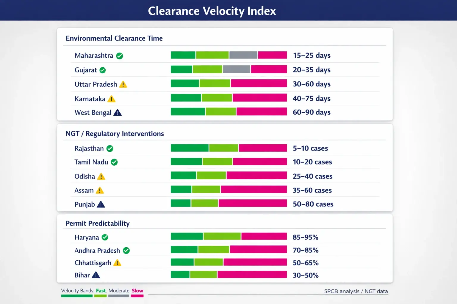 A clearance velocity dashboard comparing state-level environmental permit speed and friction to help teams assess regulatory risk for location selection.