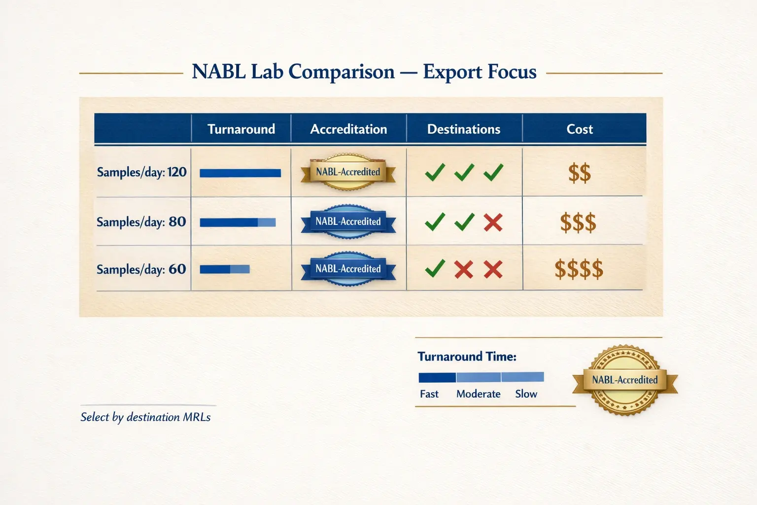 A clear lab comparison matrix that turns accreditation and turnaround data into a practical selection tool for exporters facing destination-specific MRLs.