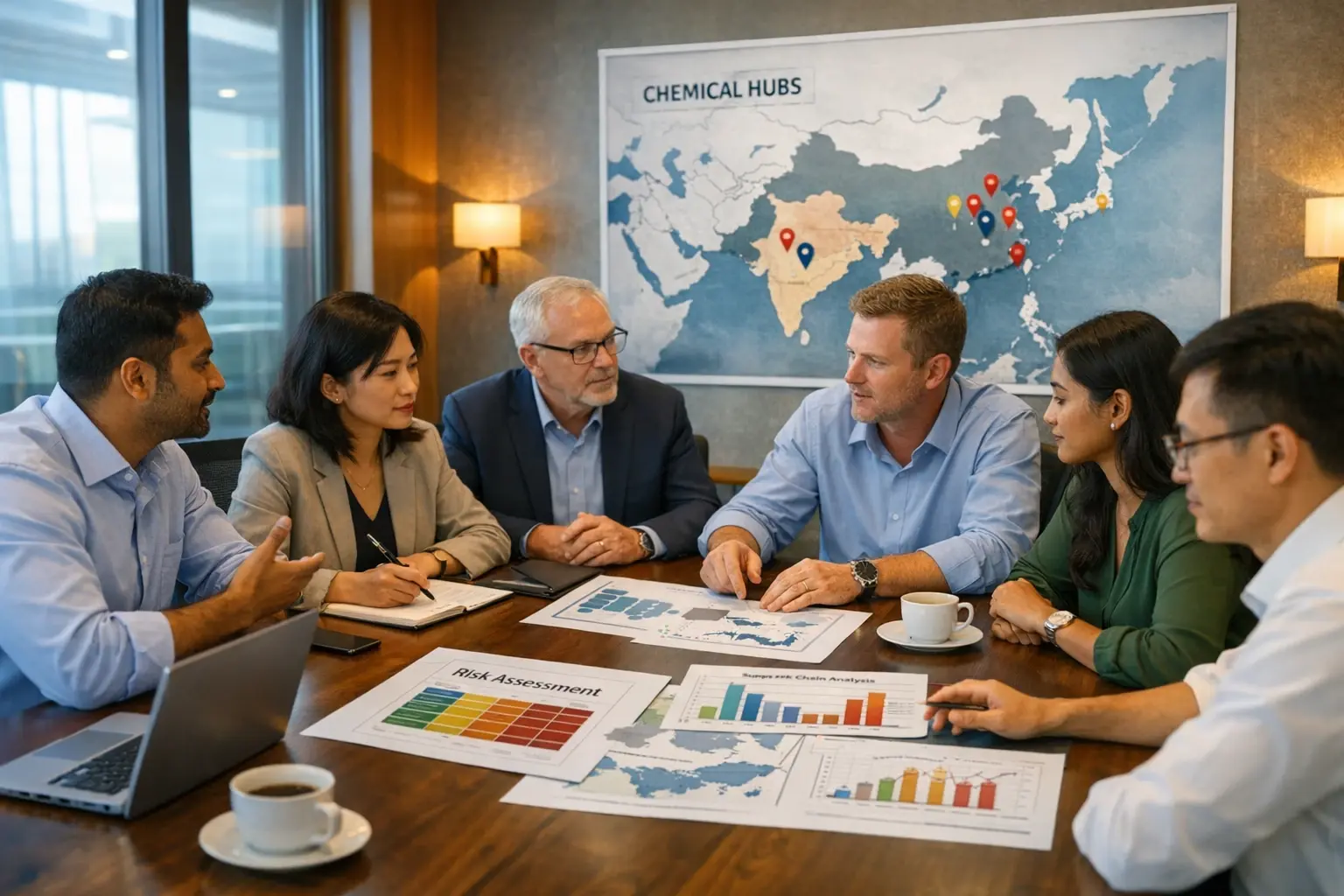 Real-world application of geopolitical risk frameworks in chemical sourcing decisions, showcasing collaborative strategic discussions between India and China stakeholders.