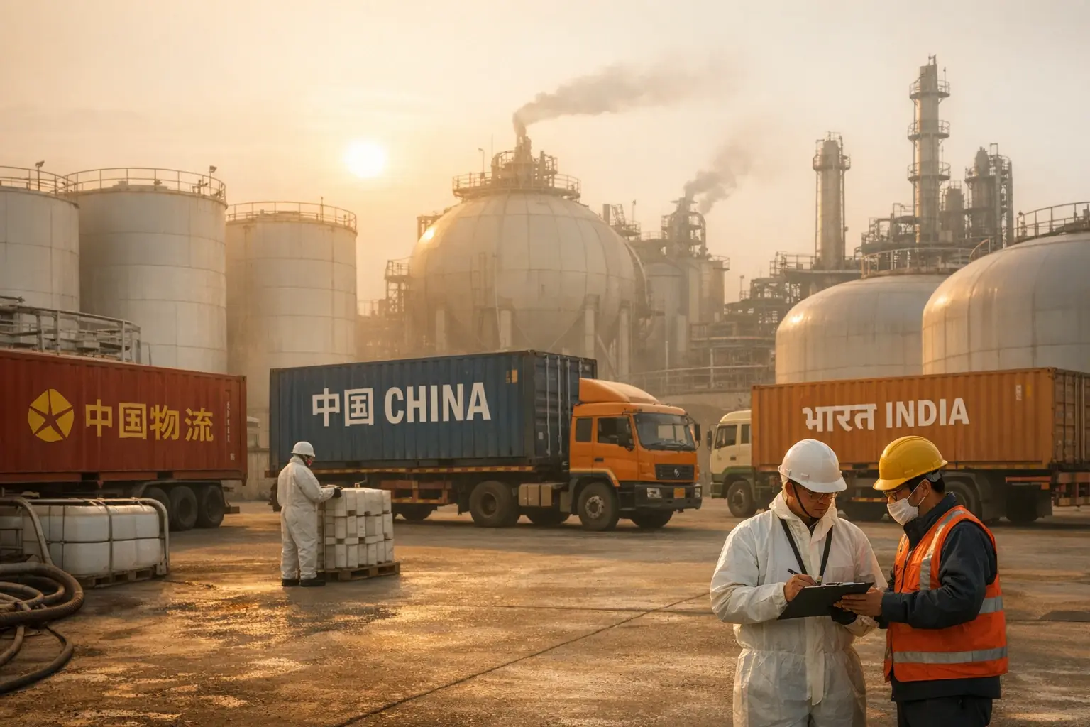 Real-world chemical manufacturing environment illustrating the industrial backbone of India and China supply chains and the stakes of geopolitical risk.