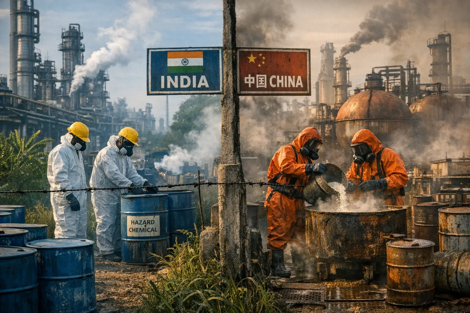 Comparative real-world environments of chemical production in India and China.