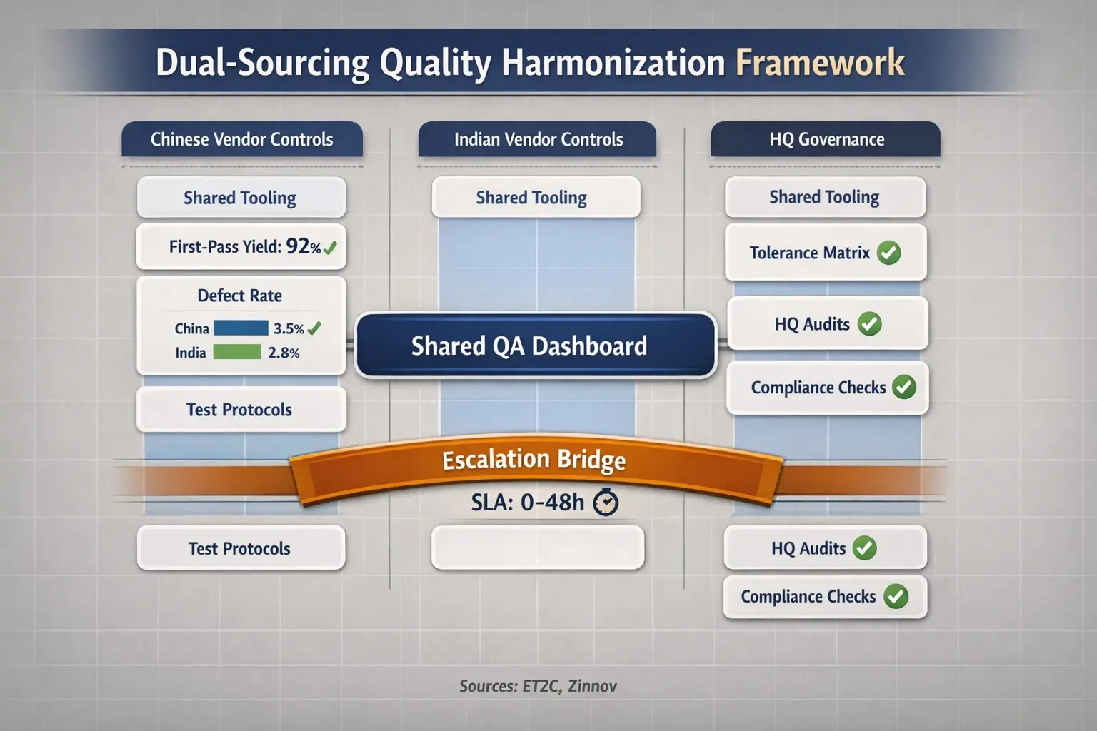 A harmonization framework showing shared QA artifacts, KPI comparisons, and an amber "Escalation Bridge" to ensure fast cross-hub remediation.