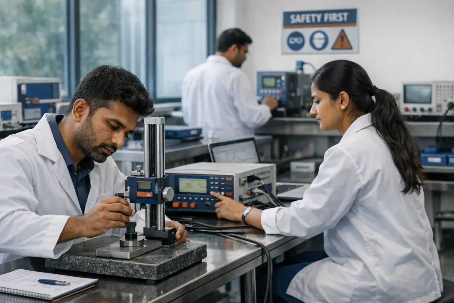 A professional Indian laboratory environment where experts conduct equipment calibration and test method validation, highlighting real-world precision within supplier quality management systems.