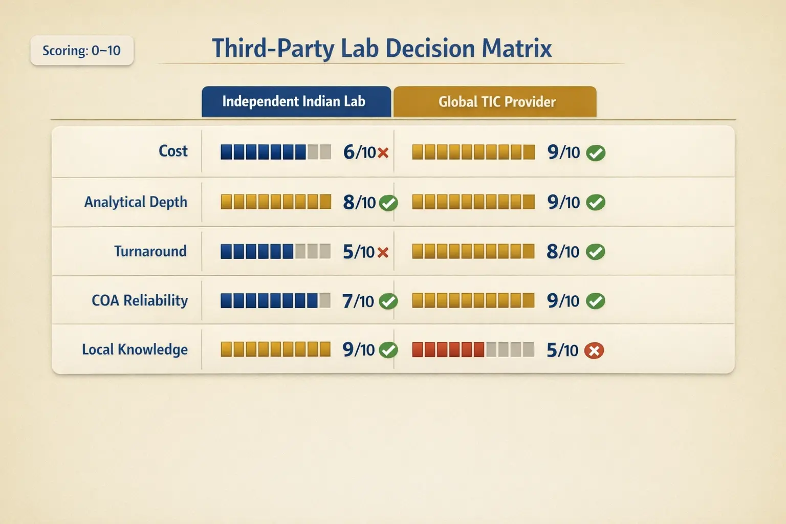 A side-by-side decision matrix that quantifies trade-offs—cost, analytical capability, and COA reliability—so buyers can choose the right third-party testing partner.