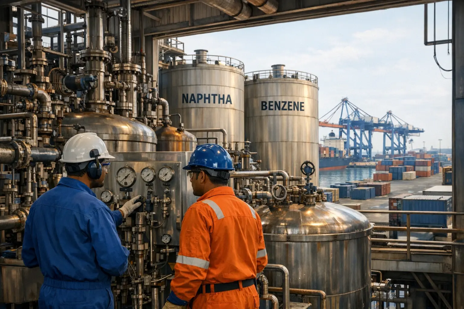 An authentic view of an Indian chemical production facility and adjacent export port, contextualizing raw material sourcing and export cost challenges.
