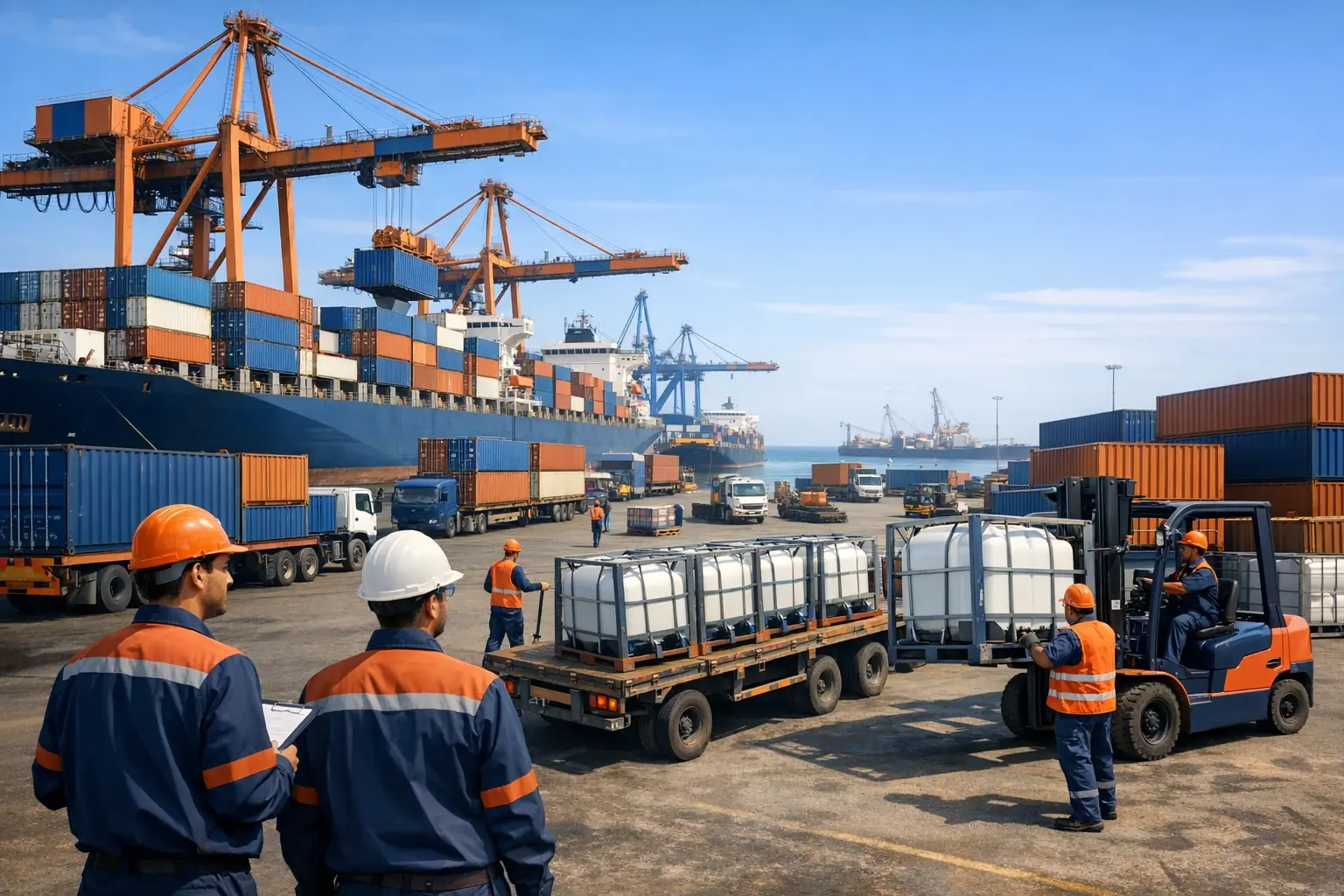 An active Indian chemical export port demonstrating the country’s role in the global 'China +1' supply chain strategy for specialty chemicals.