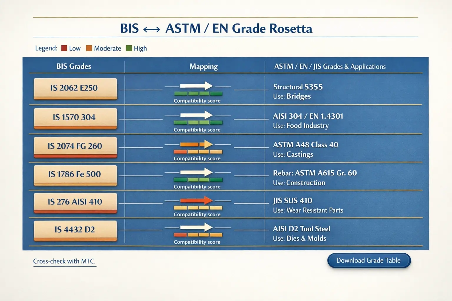 A practical BIS-to-ASTM/EN grade mapping with compatibility bars and application notes to speed technical verification and sourcing decisions.