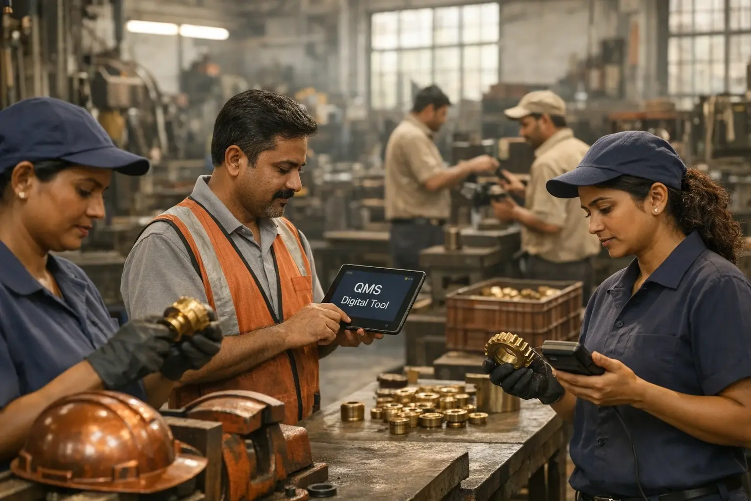 Indian manufacturing SME workers leveraging digital quality management tools on the shop floor, illustrating the practical transition to digitized quality processes.