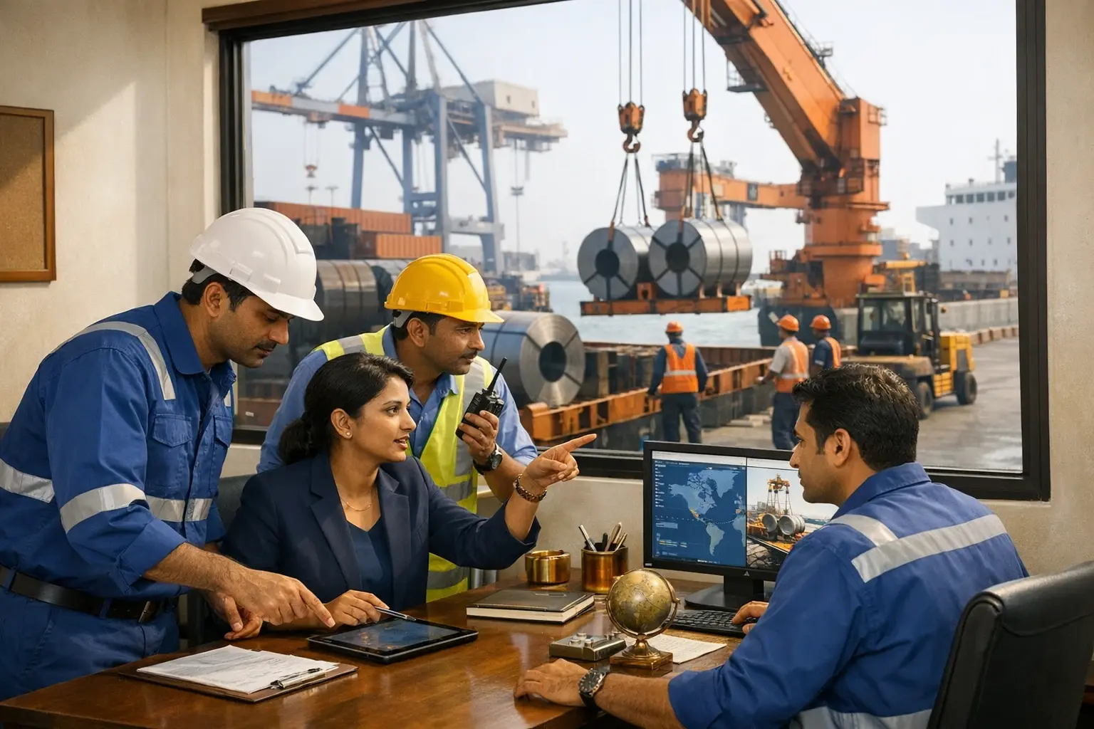 Real-world logistics professionals in India manage breakbulk and bulk cargo exports, integrating technology and teamwork to optimize shipping operations.
