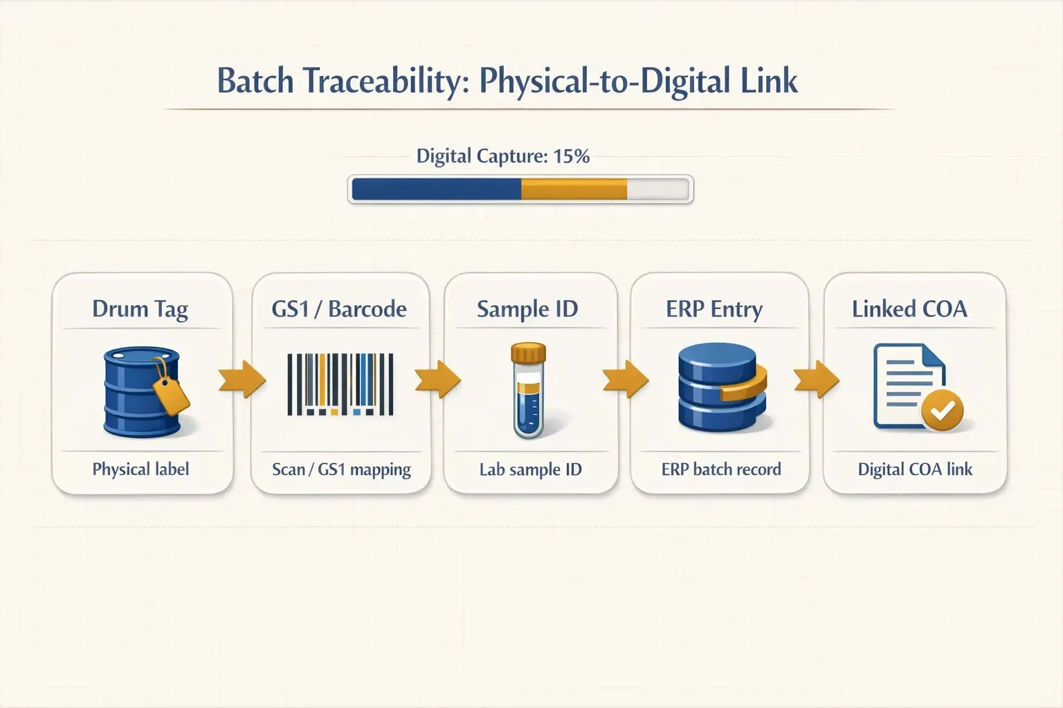 A practical traceability framework visualizing how physical drum tags map to GS1 barcodes, ERP records, and linked COAs—helping teams design implementation steps.