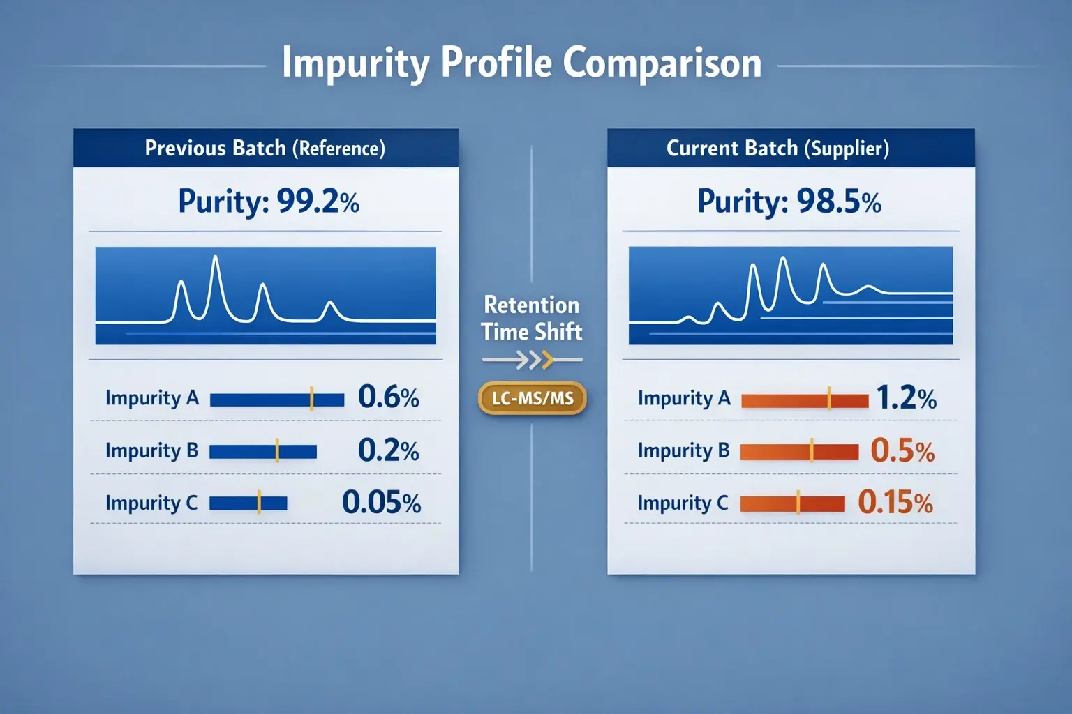 Compare impurity profiles visually—see retention shifts, specific impurity magnitudes, and purity deltas to decide if a batch meets your specification.