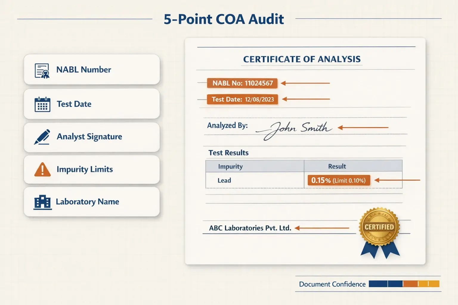 Step-by-step COA audit visual that helps buyers remotely spot red flags—quickly verifying NABL IDs, dates, signatures, and impurity limits before purchase.