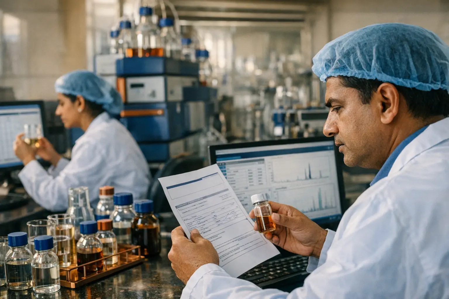 Quality control and export compliance operations in an Indian chemical manufacturing lab, critical for reliable global sourcing.