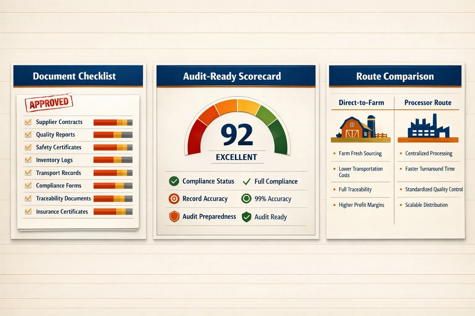A clear 'Audit-Ready' blueprint: document checklist, compliance bars, and a side-by-side Direct-to-Farm vs Processor comparison for faster supplier decisions.