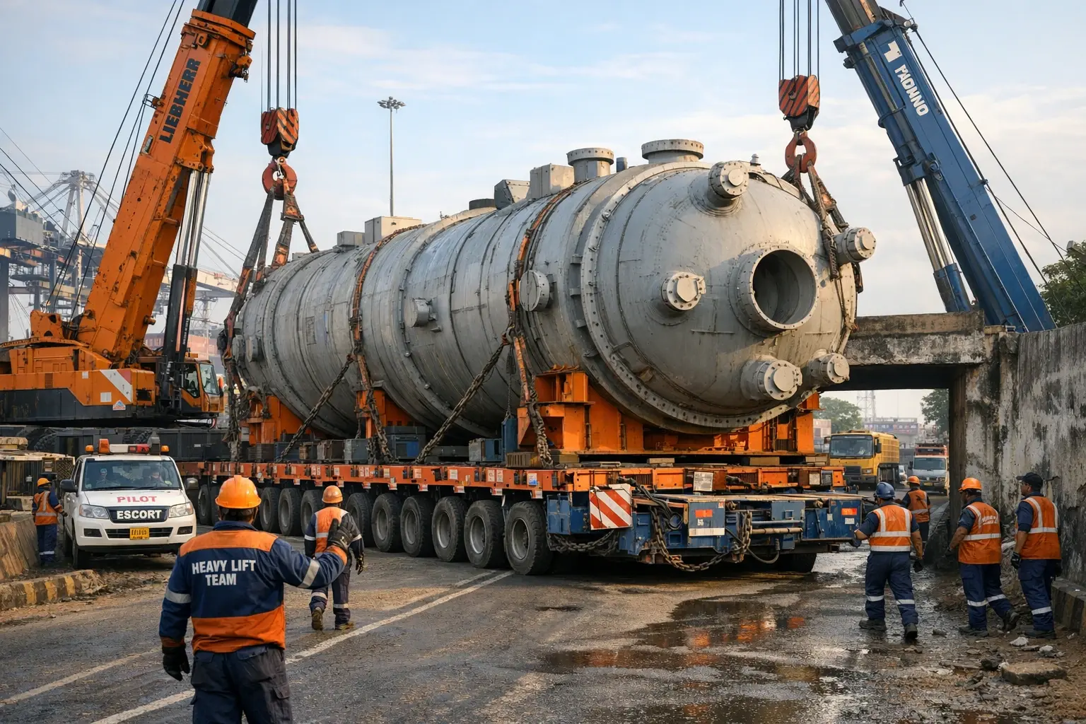 Specialized heavy-lift carriers negotiating Indian multimodal transport routes, illustrating real-world logistics challenges and equipment in motion.