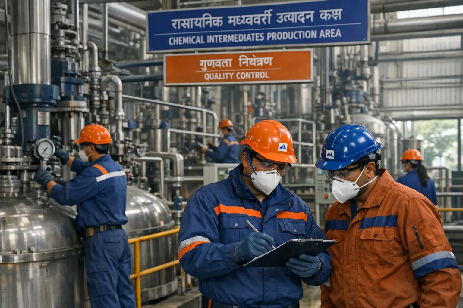 A typical agrochemical intermediate manufacturing facility in India showcasing production and quality inspection processes, providing context for demand and supply forecasting.