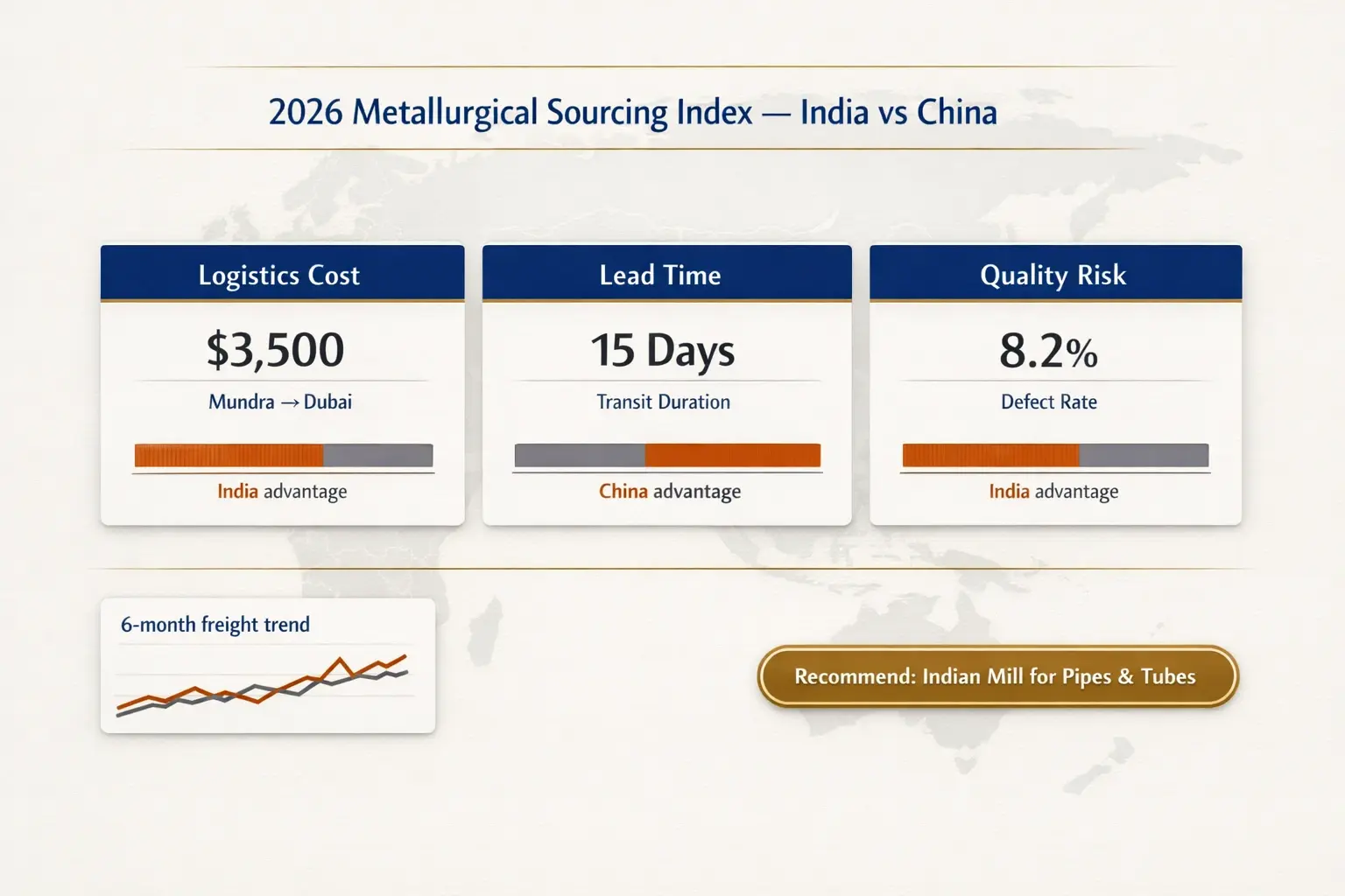 A clear India vs China sourcing index with bold cost and lead-time metrics and directional progress bars to guide regional procurement decisions.