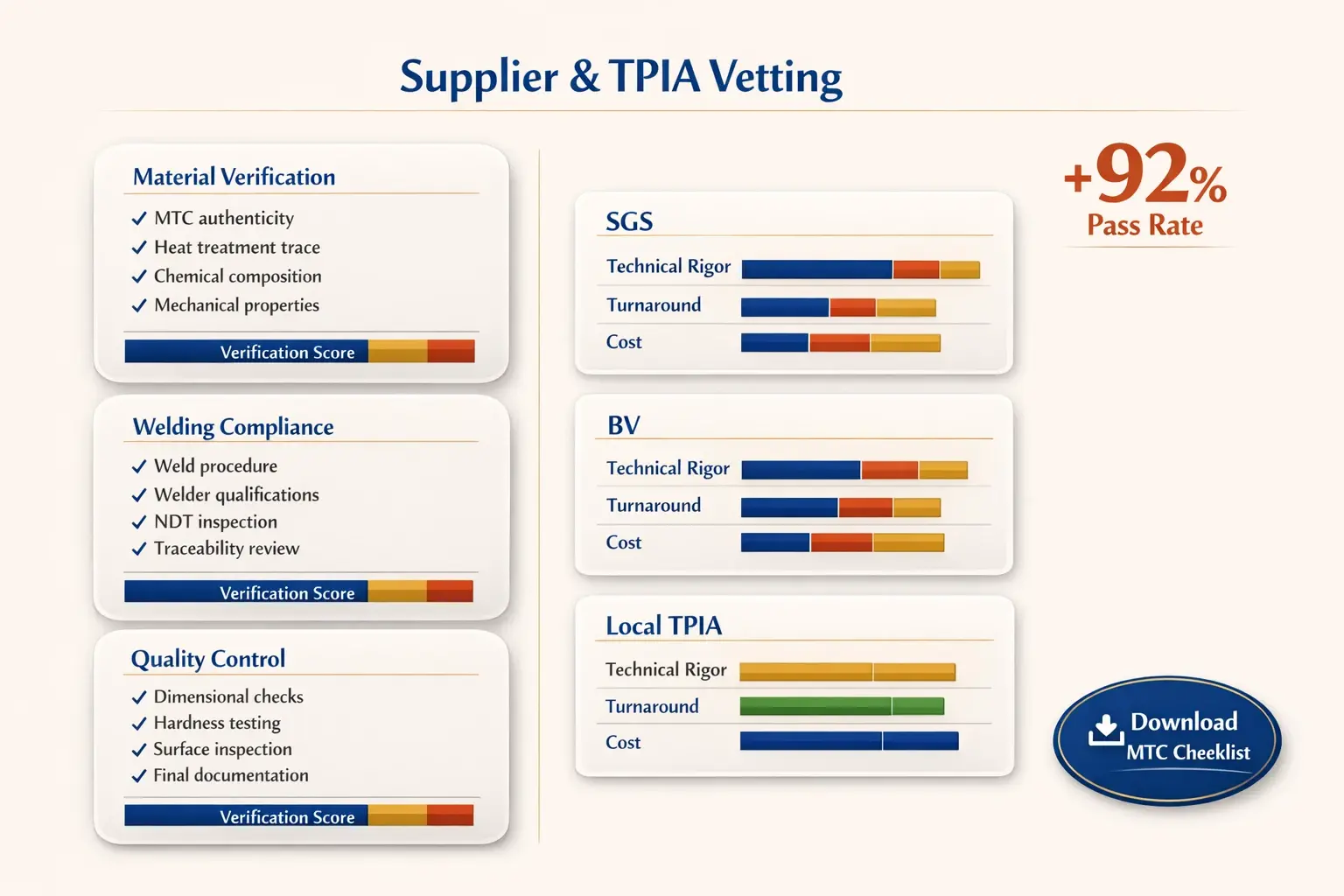 A side-by-side supplier vetting checklist and TPIA comparison, highlighting verification scores and a downloadable MTC checklist for risk-averse buyers.
