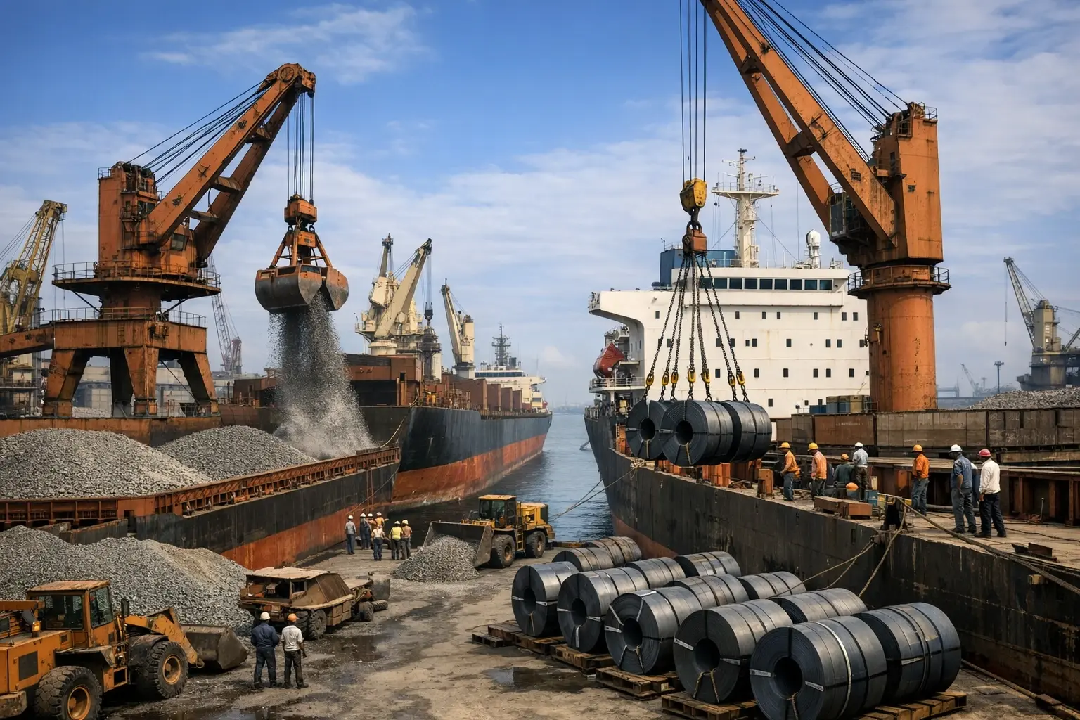A busy Indian port handling steel and aggregates via bulk and breakbulk shipments illustrates the logistical scale and operational environment critical to optimizing export services.