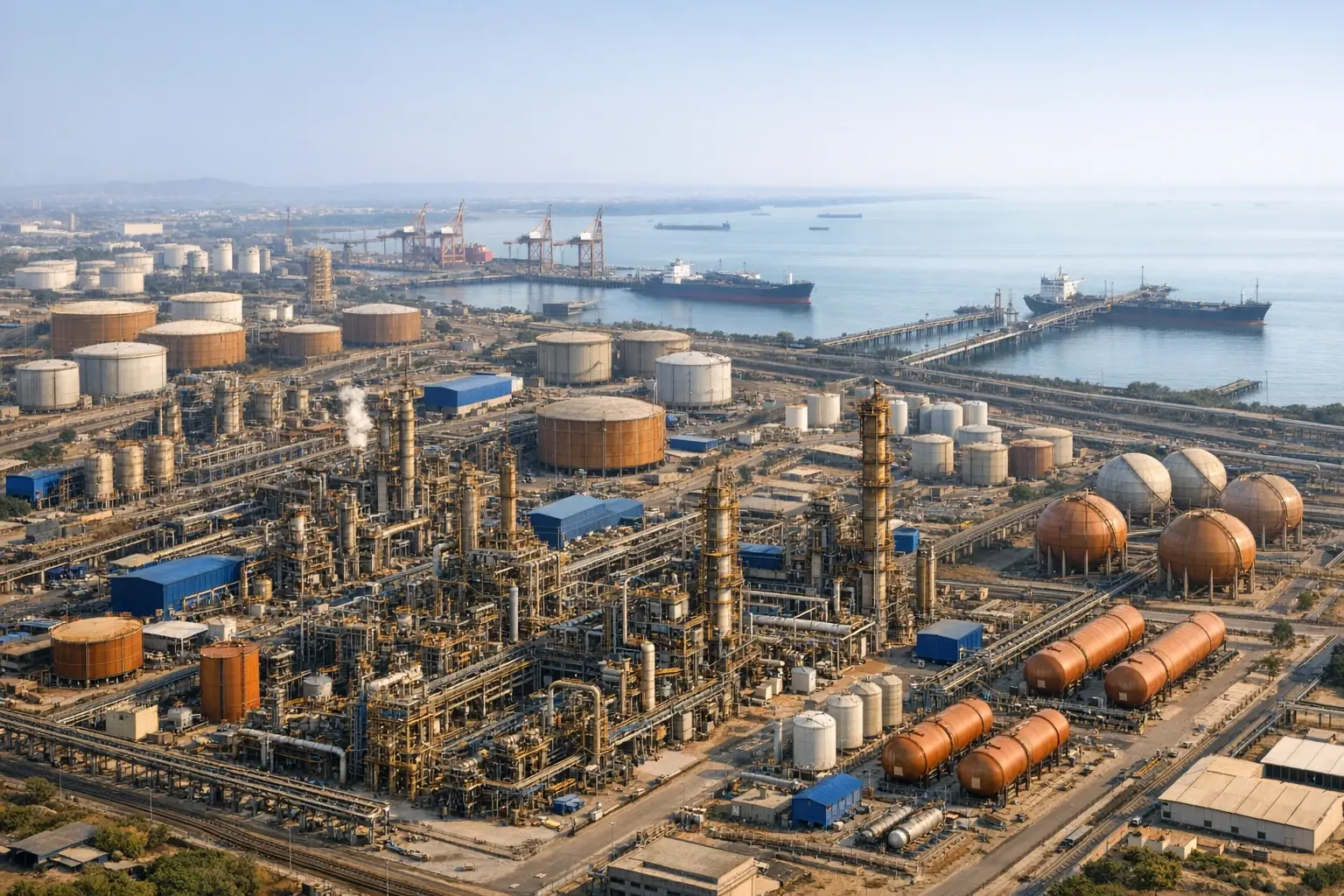 Industrial chemical manufacturing hub in India showcasing infrastructure and port connectivity, essential for global sourcing decisions.
