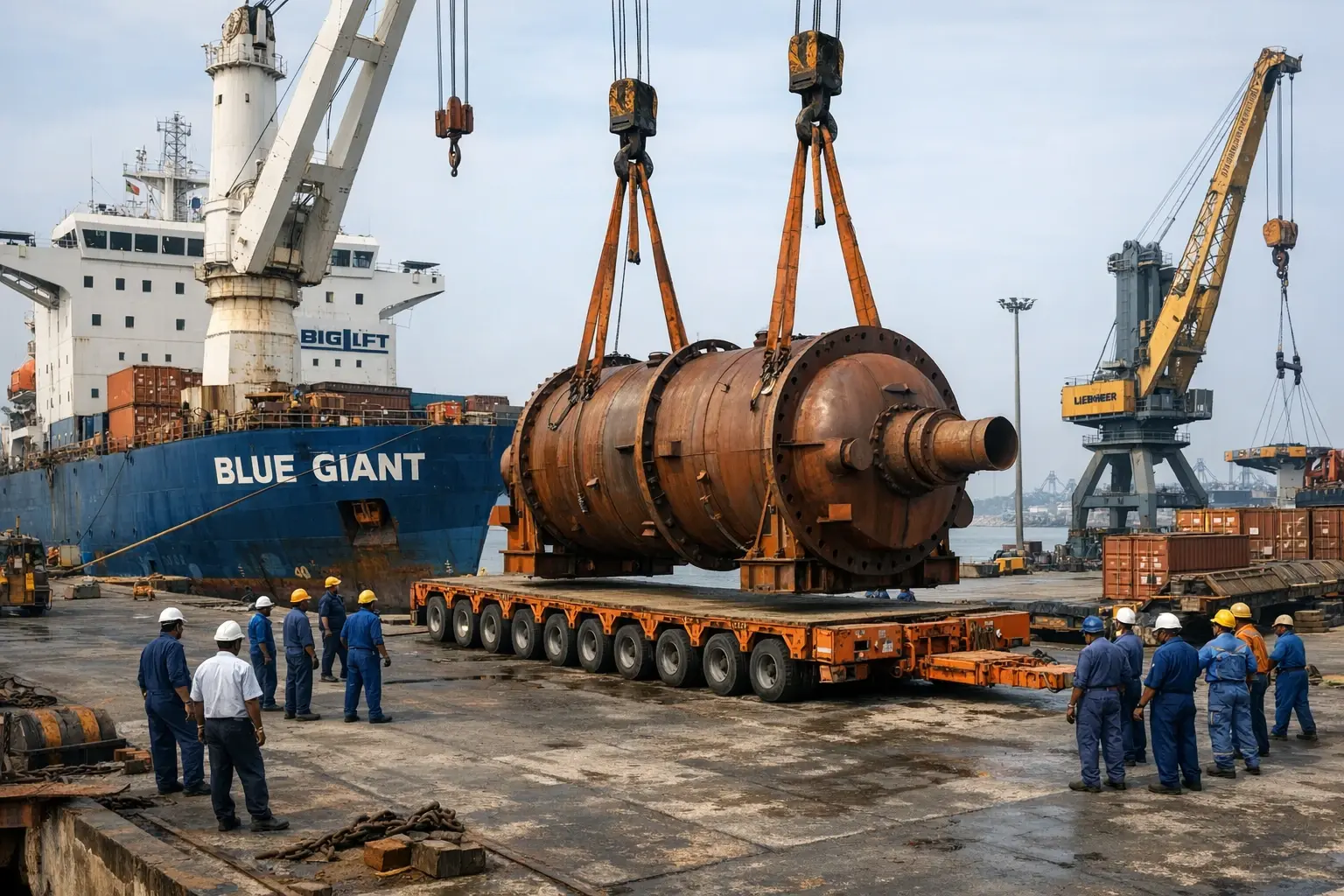 A heavy lift cargo vessel at an Indian port with specialized cranes and modular trailers demonstrates India’s capacity for handling oversized industrial shipments.