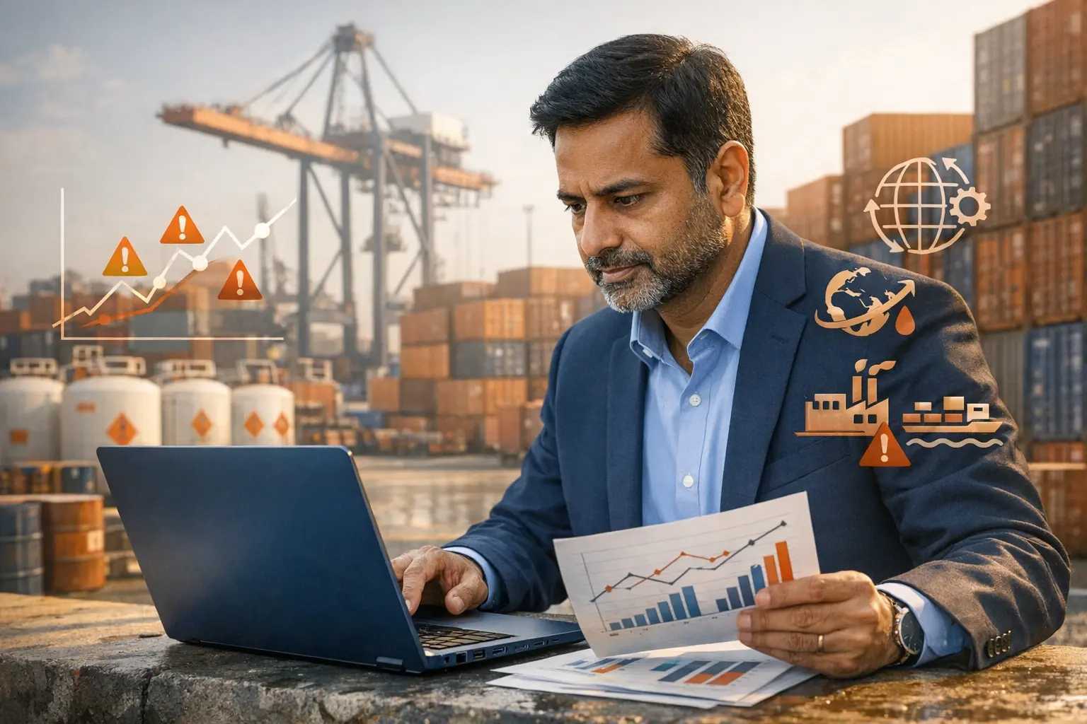 A sourcing expert evaluates supply chain risk factors amidst real-world logistics, demonstrating how forecasting informs strategic procurement decisions.