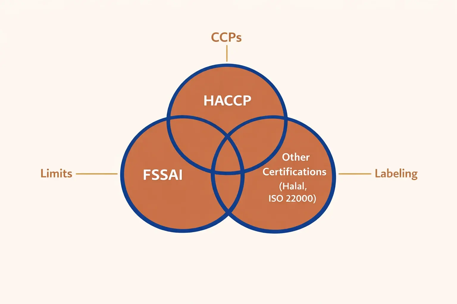 Diagram illustrating how FSSAI, HACCP, and export certifications intersect to ensure full compliance for food-grade preservatives sourced from India.