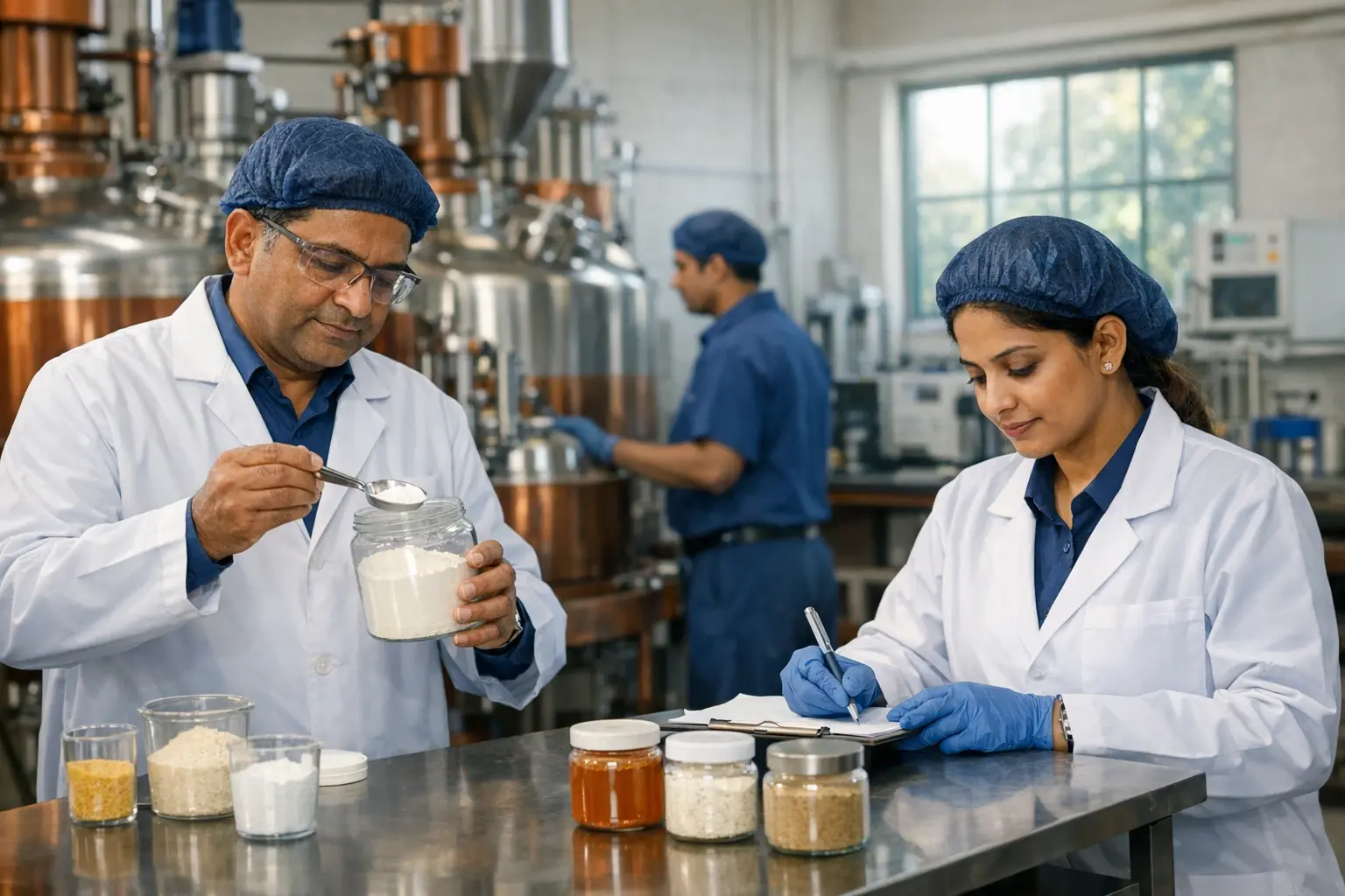 An Indian food-grade preservative manufacturing facility showcasing quality control processes by professionals to ensure FSSAI & HACCP compliance.